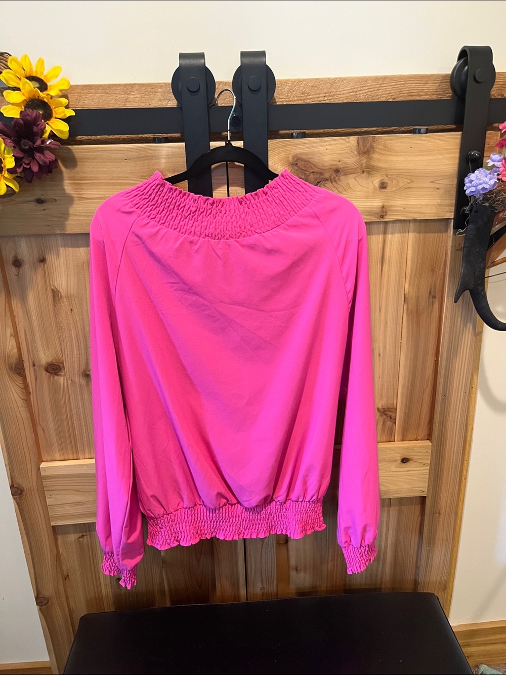 Pink Lily Vibrant Hot Pink Smocked Waist & Neck Long Sleeve Blouse